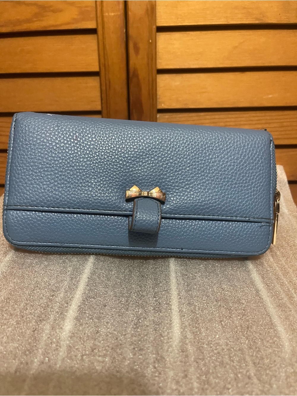 Anne Klein Dusty Blue Pebbled Leather Bow Clutch